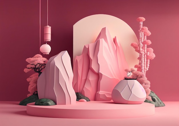 산과 분홍색 바위가 있는 분홍색 배경.