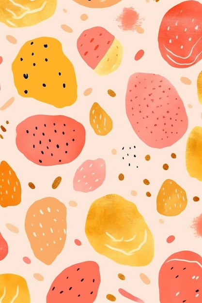 A pink background with a pattern of different fruits