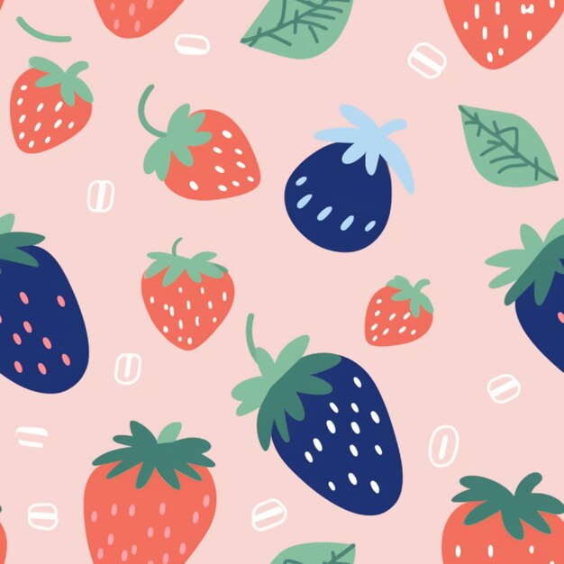 A pink background with a pattern of strawberries and coffee beans.