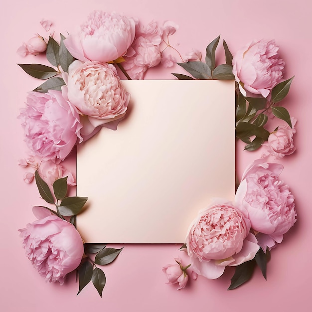 A pink background with peonies and a blank white card in the middle generative ai