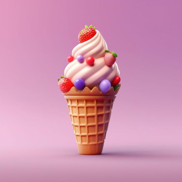 ピンクの背景に「アイスクリーム」と書かれたアイス クリーム コーンの写真。