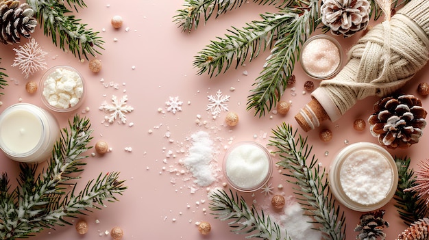 A pink background with pine cones candles and christmas decorations on it including pine cones