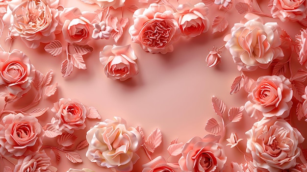 A pink background with pink flowers and leaves on it with a pink center piece in the middle of the