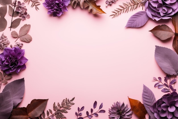 a pink background with purple flowers and leaves.