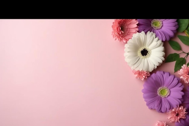 Photo a pink background with purple and white flowers