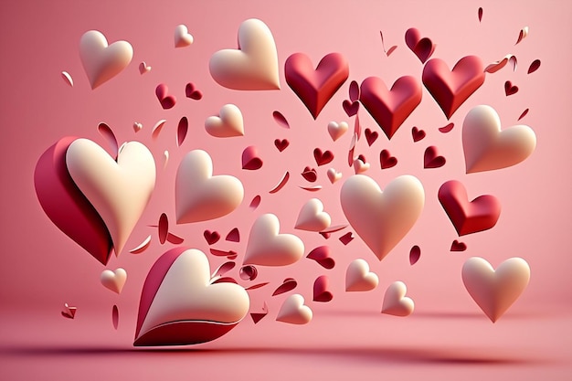 A pink background with a red heart and a lot of small hearts