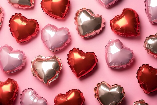 Pink background with red hearts balloons