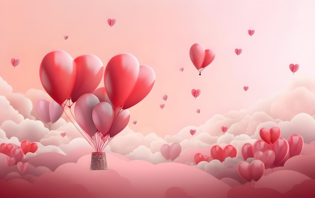 A pink background with red hearts and a bunch of balloons with the word love on it