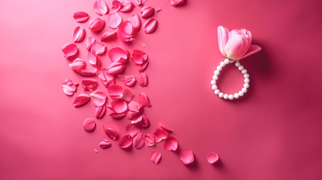 Pink background with rose petals and rose bracelet generative ai