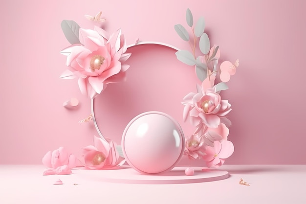 Pink background with a round frame with flowers and a pearl.