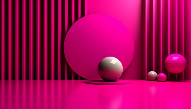 A pink background with a silver ball and a pink curtain