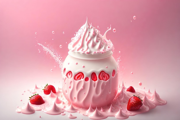 A pink background with a strawberry cake and a splash of cream.