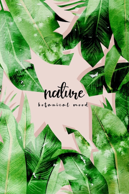 A pink background with a tropical leaves and the words nature.