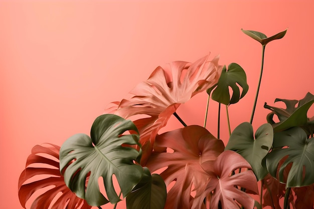 A pink background with tropical plants