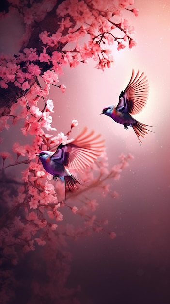 A pink background with two birds flying in the sky