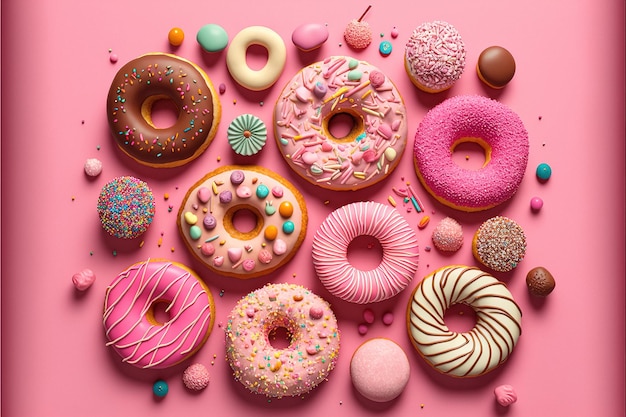 Pink background with various donuts and sprinkles Generative AI