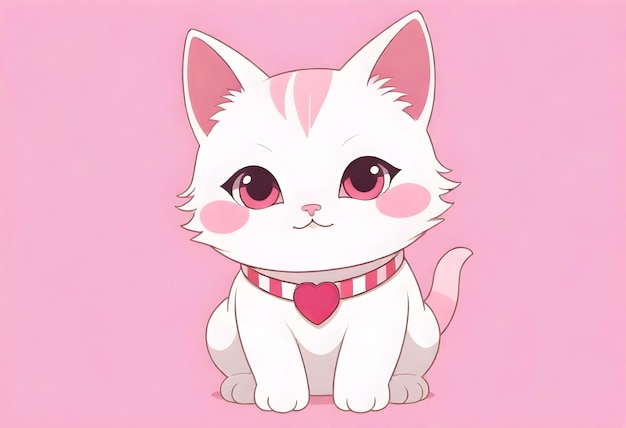 a pink background with a white cat with a heart on it