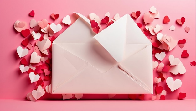 Photo pink background with white envelope in the foreground