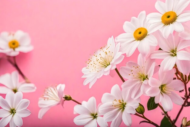 A pink background with white flowers and one yellow button