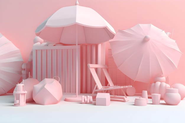 A pink background with a white umbrella and a basket with a white umbrella.