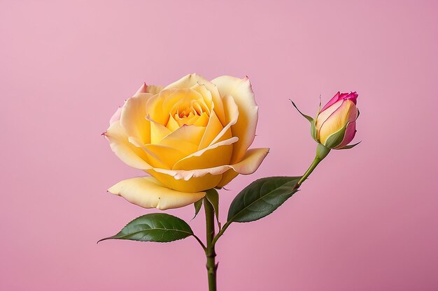 A pink background with yellow petals and a pink rosebud