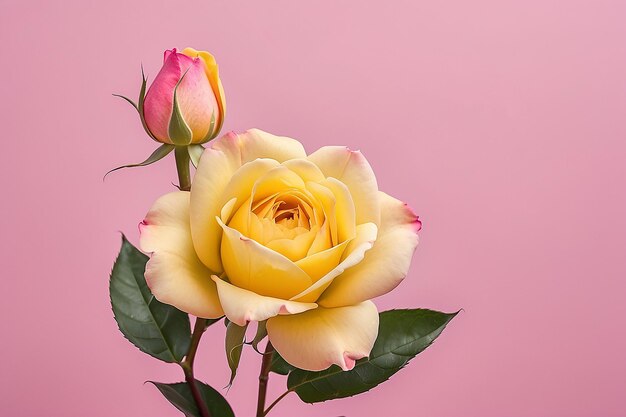 A pink background with yellow petals and a pink rosebud