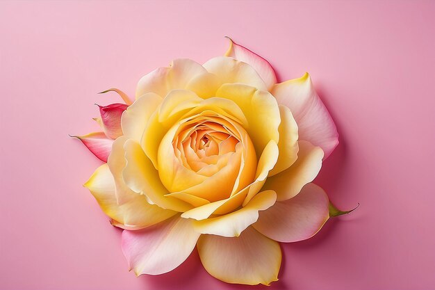 A pink background with yellow petals and a pink rosebud