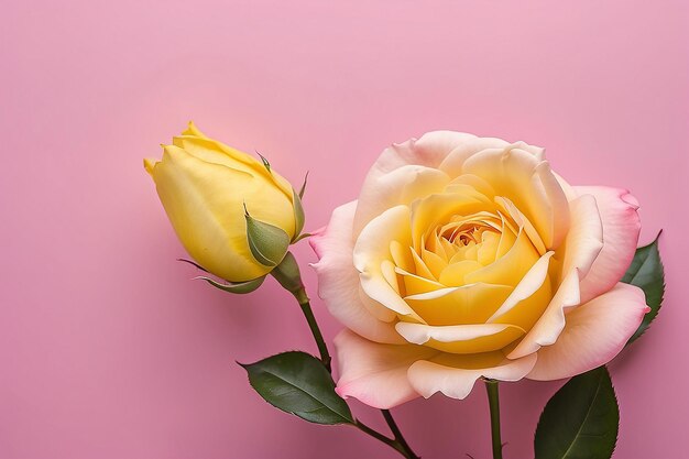 A pink background with yellow petals and a pink rosebud