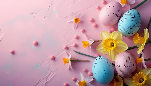 A pink background with yellow and white flowers and eggs on it and a pink background with yellow and