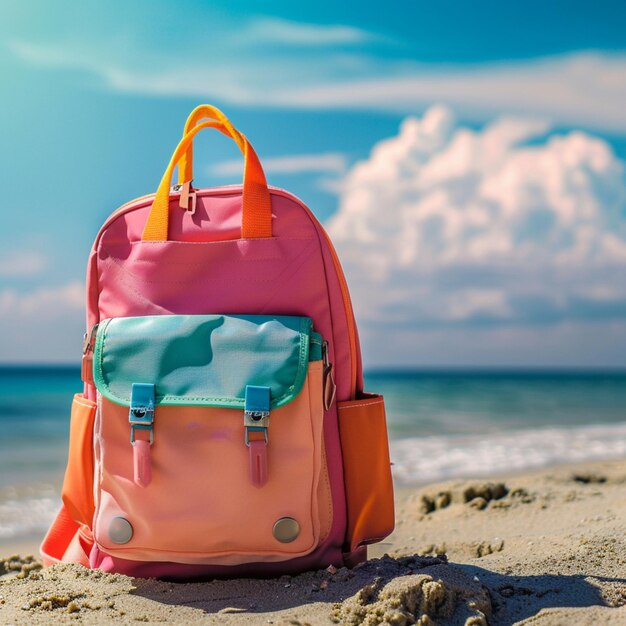 a pink backpack sits on the sand at the beach