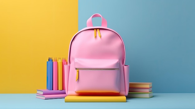 A pink backpack sits on a stack of books next to a pink backpack