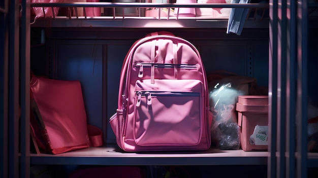 Photo a pink backpack sitting on metal shelves in a store cupboard