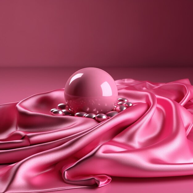 A pink ball is on a cloth with a pearl in the center.