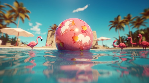 A pink ball with pink flamingos on it in the water