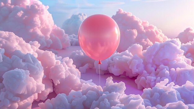 A pink balloon floats in a surreal dreamscape of pink and white clouds