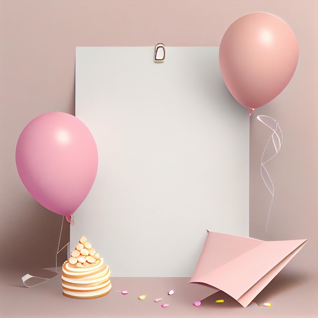 A pink balloon next to a pink balloon and a cake on a white board.