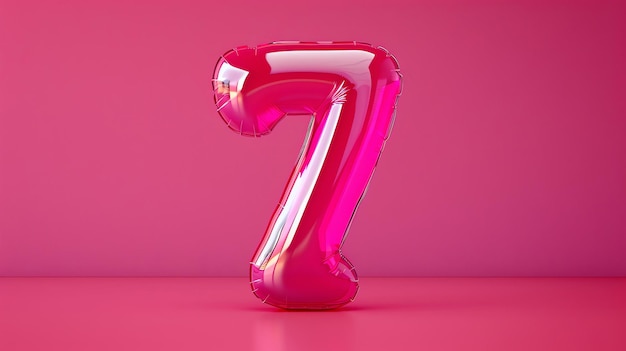 A pink balloon in the shape of the number 7 The balloon is floating in a pink room