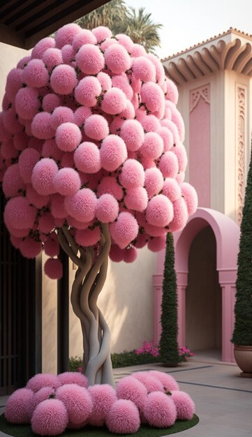 Розовое дерево из воздушных шаров в саду