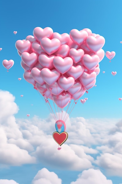 Photo a pink balloon with a man in a blue sky and a woman in a pink dress is flying in the sky.