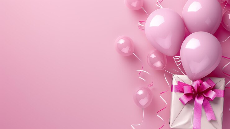 Photo pink balloons and a gift box with a pink bow on pink background
