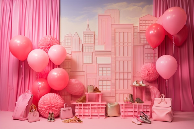pink balloons and pink decorations are on display in a pink room generative ai