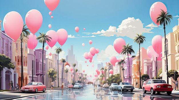pink balloons in the sky with palm trees