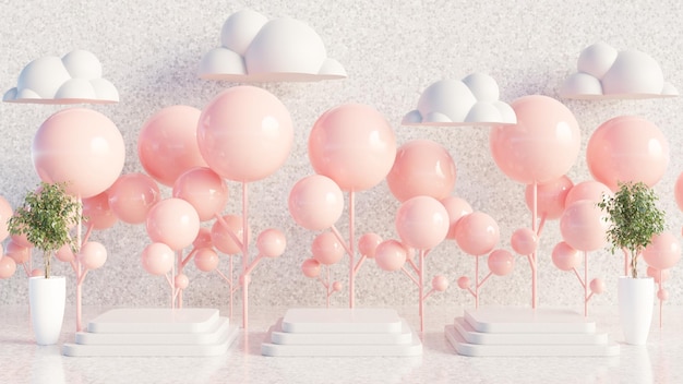 Pink balloons on a white background with clouds and a white sky.