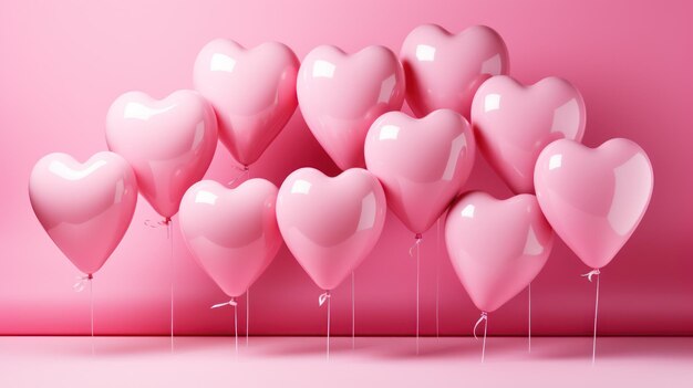 pink balloons with heart shape on pink background with copy space