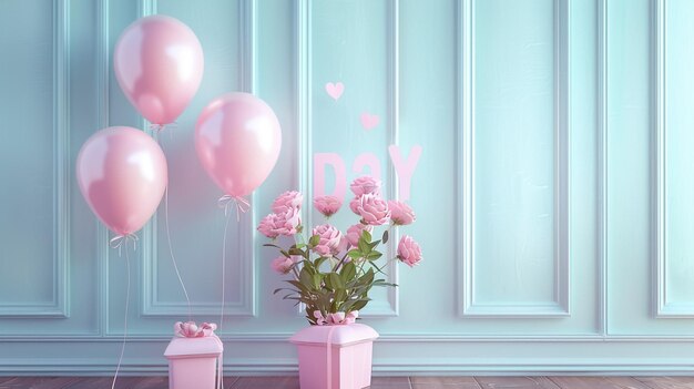 pink balloons with the word day on the wall