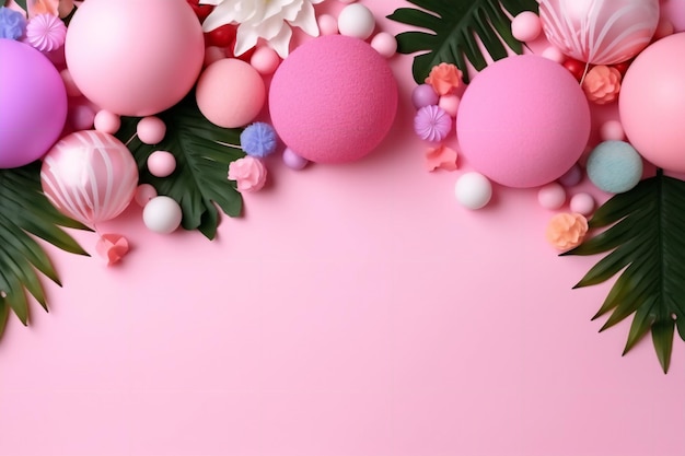 Pink balls on a pink background with a leaf of palm