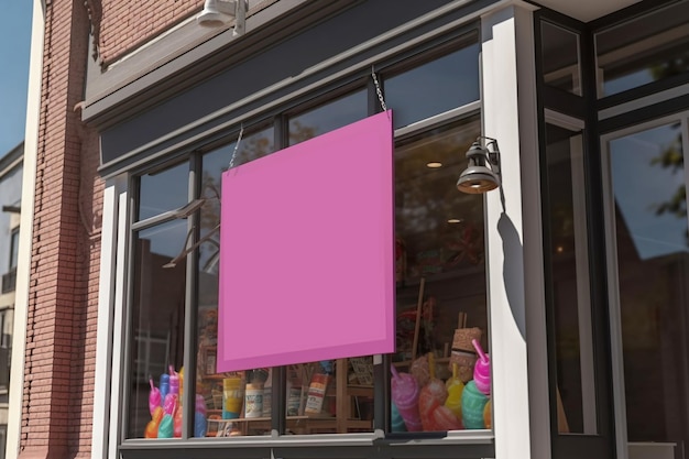 A pink banner hangs in a window of a storefront.