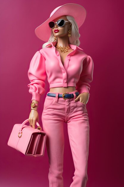 Pink Barbie doll with glasses at the Prada store in the style of high quality photo high detailed
