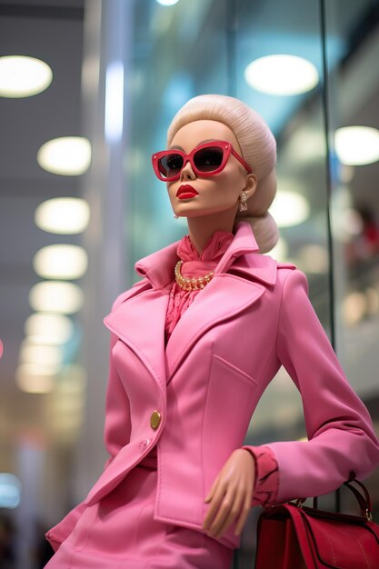 Pink barbie doll with glasses at the prada store in the style of high quality photo high detailed