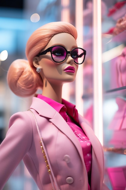 Foto barbie rosa con occhiali nel negozio prada nello stile di foto di alta qualità ad alto dettaglio